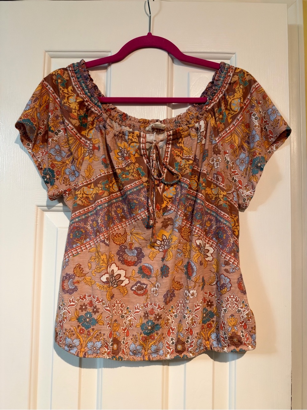 Lucky Brand Rust Floral Peasant Blouse with Teal Accents